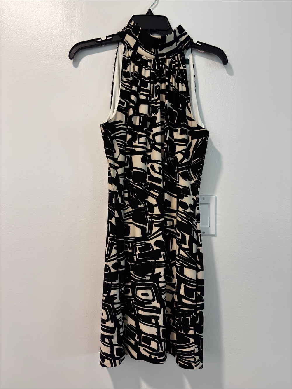 Ralph Lauren Black & Cream Geometric High-Neck Midi Dress